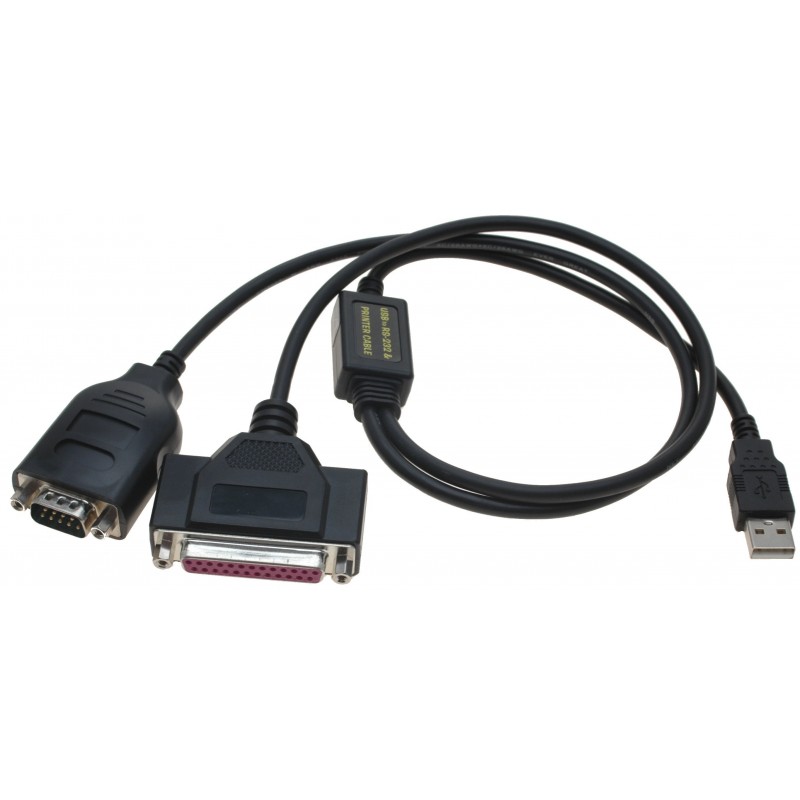 USB til 1 x RS232 port og parallel printerport kun til parallelprinter!