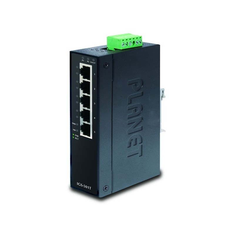 Non-managed 5-port Gigabit RJ45 Switch -40 to 75°C, redundant DC
