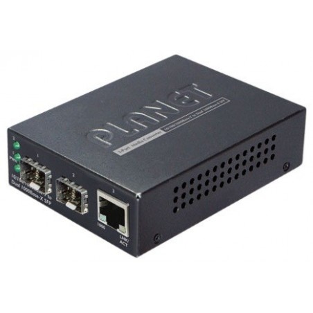 Mediekonverter med 2 x SFP 1000Mbit slot til Single Mode eller Multi Mode og 1 x RJ45