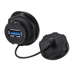 Vandtæt USB3.0 A-hun og A-hun stik til chassis, IP68 tæt med hætte påsat.