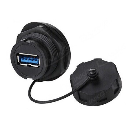 Vandtæt USB3.0 A-hun og A-hun stik til chassis, IP68 tæt med hætte påsat.