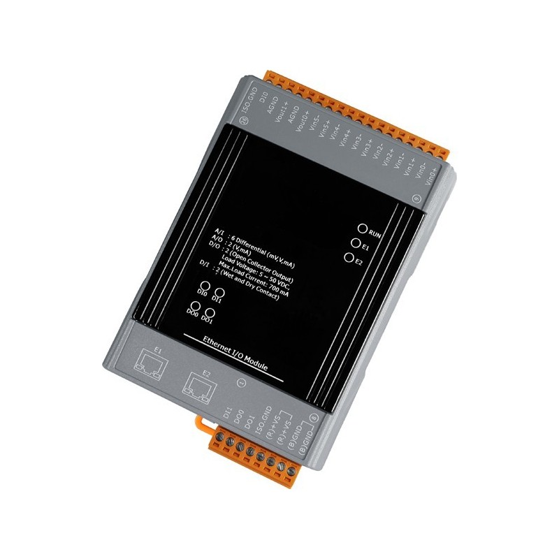 I/O modul 6 x Digital indgang, 6 x Relæ-udgang via Ethernet til industrielle styringsopgaver. 2 x RJ45