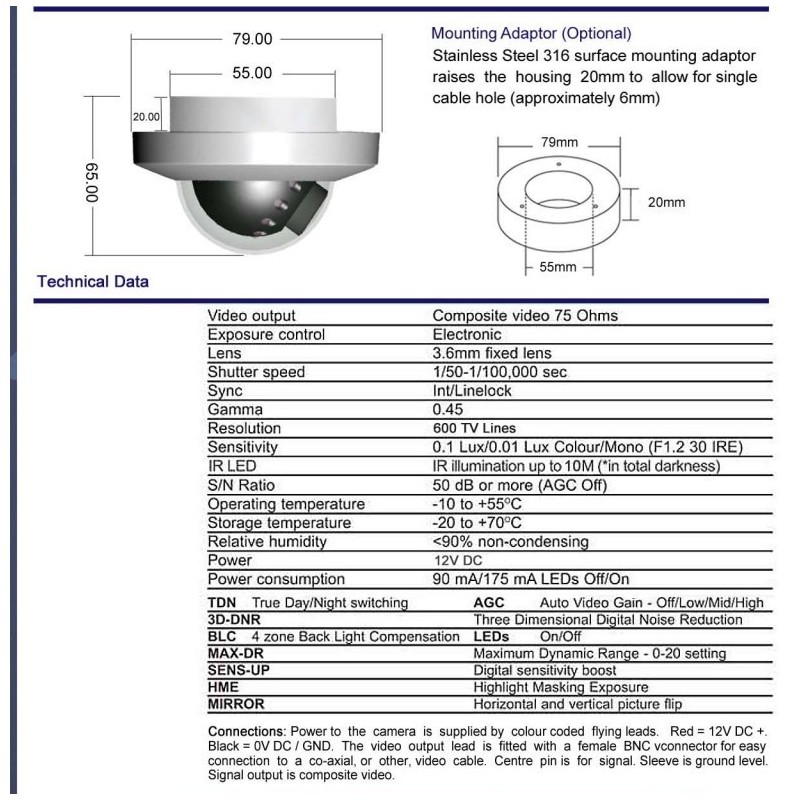 High resolution analog mini Dome camera in stainless steel and IP67