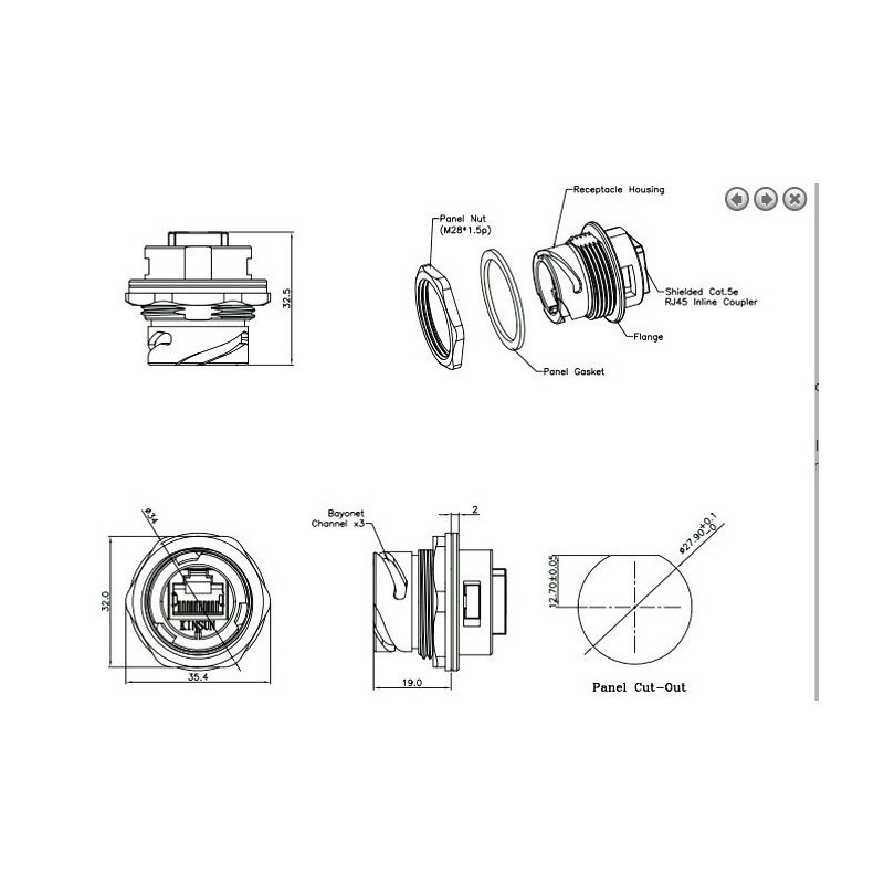 Vandtæt RJ45-stik til chassismontering - IP68-klassificeret, (13/16"-UNEF28)