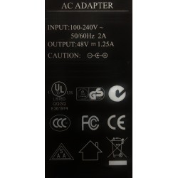 48VDC strømforsyning, 1,25Amp, Egnet til udstyr med PoE.