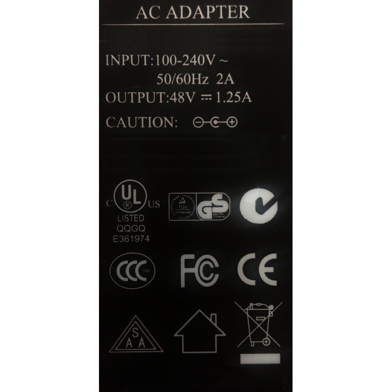 48VDC strømforsyning, 1,25Amp, Egnet til udstyr med PoE.
