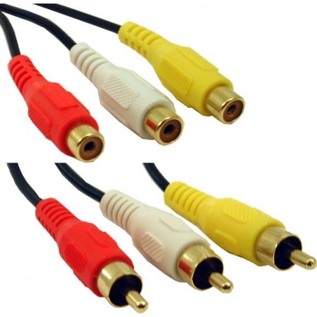 Lyd og videokabel - 3 x RCA Han og 3 x RCA hun (rød, gul og hvid)
