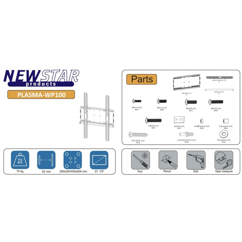 Vægbeslag til tv tft fladskærm 32-70" op til 70 kg