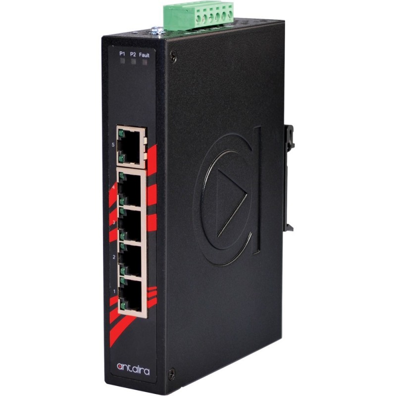 5 ports Industriel 10/100/1000Mbit switch, DIN-beslag, -10 - +70°C, 12 - 48VDC