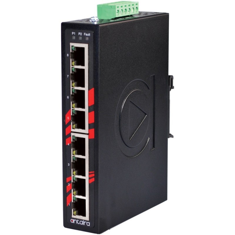 8 ports Industriel 10/100/1000Mbit switch, DIN-beslag, -40 - +75°C, 12 - 48VDC