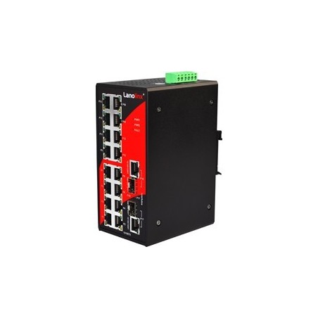 16 ports Industriel 10/100Mbit + 2 x 100/1000Mbit SFP slot switch, DIN-beslag, -10 - +70°C, 12 - 48VDC