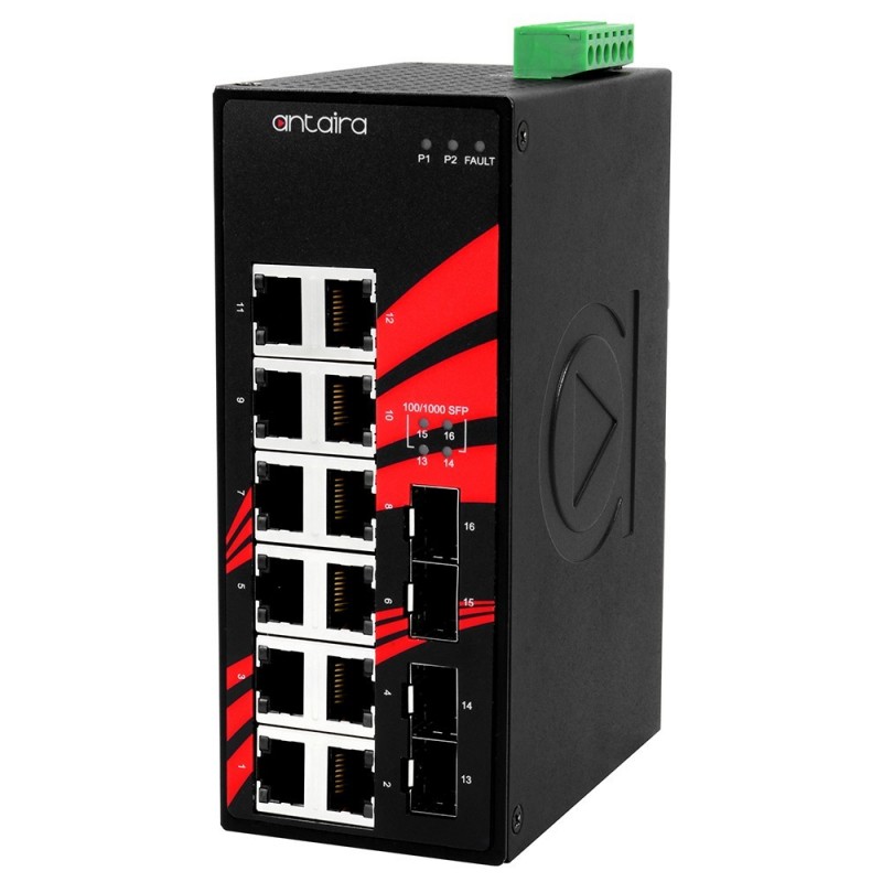 12 ports Industriel 10/100/1000Mbit + 4 x 100/1000Mbit SFP slot switch, DIN-beslag, -10 - +70°C, 12 - 48VDC